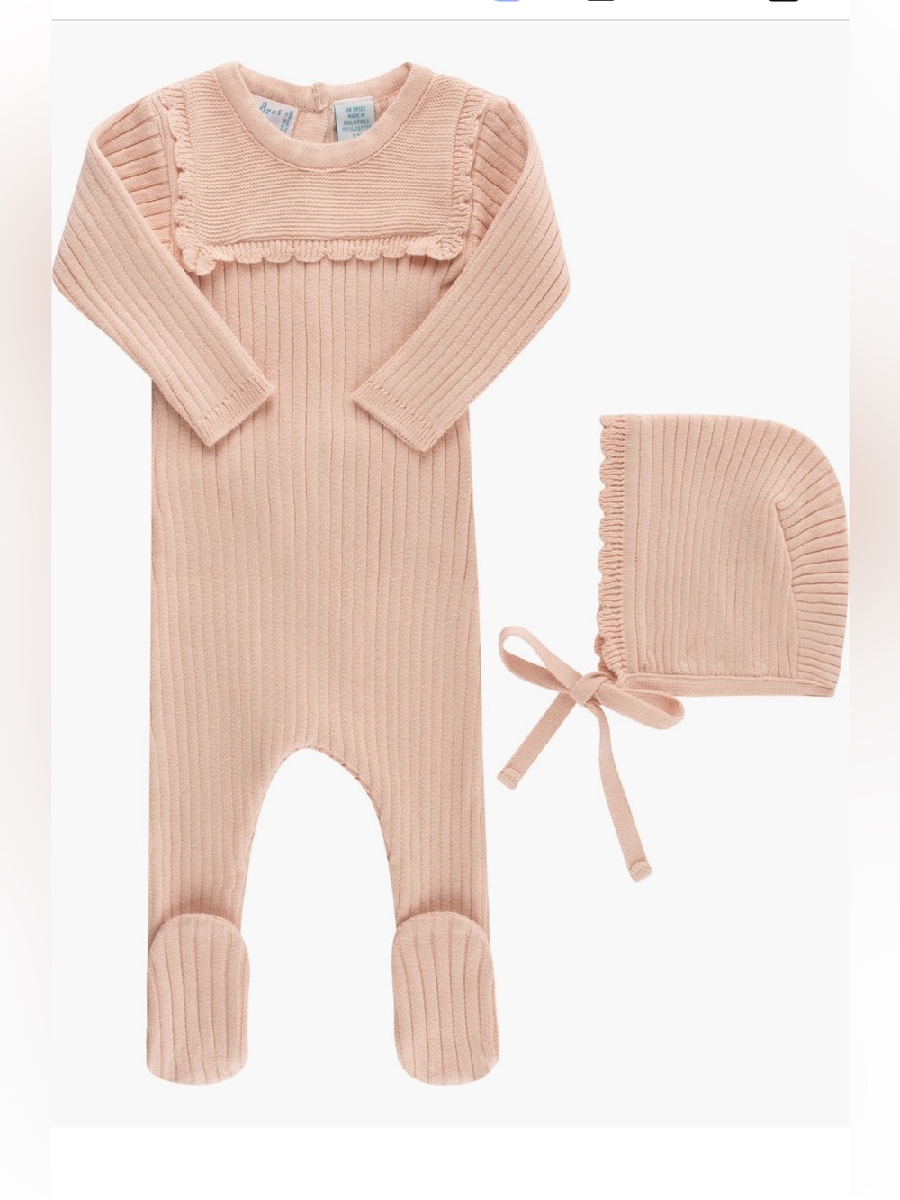 Ribbed Baby Footie with Matching Bonnet in Blush blush color